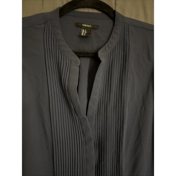 Forever 21 Button Up Top Size Small Short Ruffle Sleeved Blue Chiffon Pleated - Picture 8 of 12